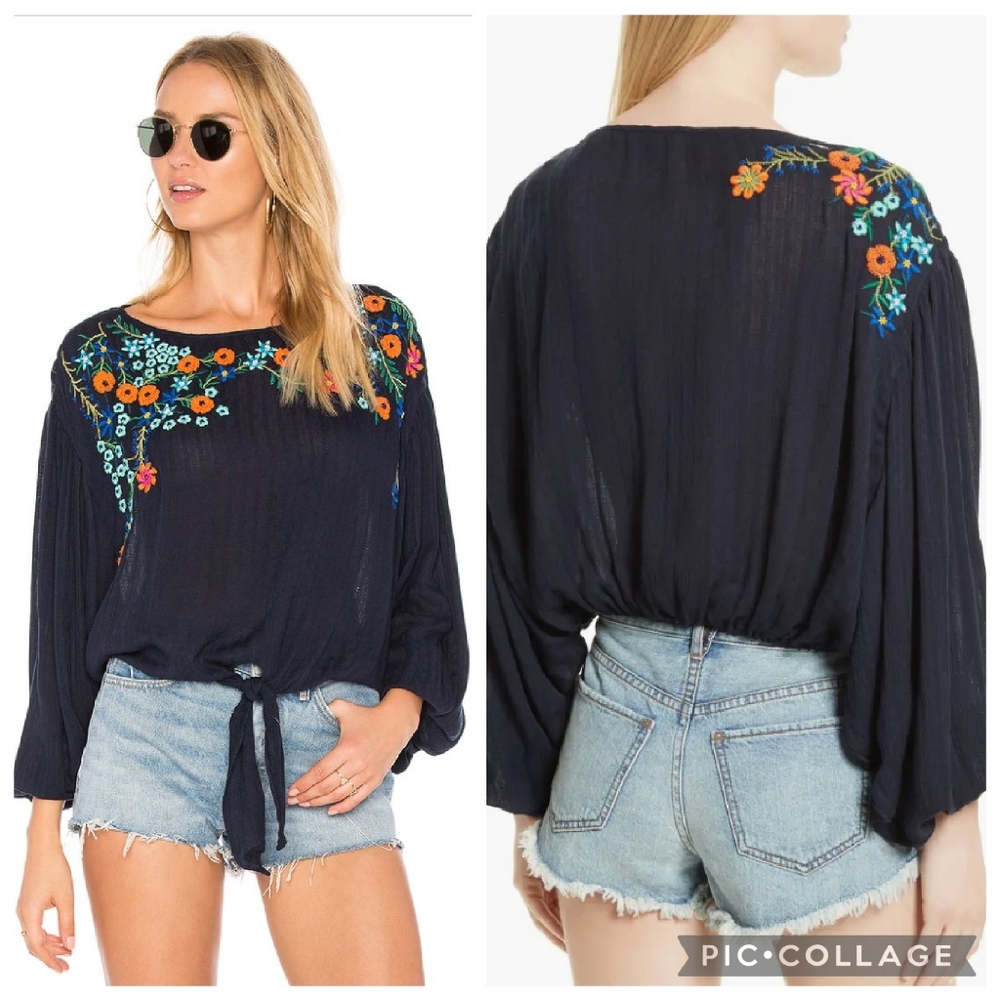 Free People Up and Away Floral Embroidered Tie Front Peasant Top Indigo Blue XS